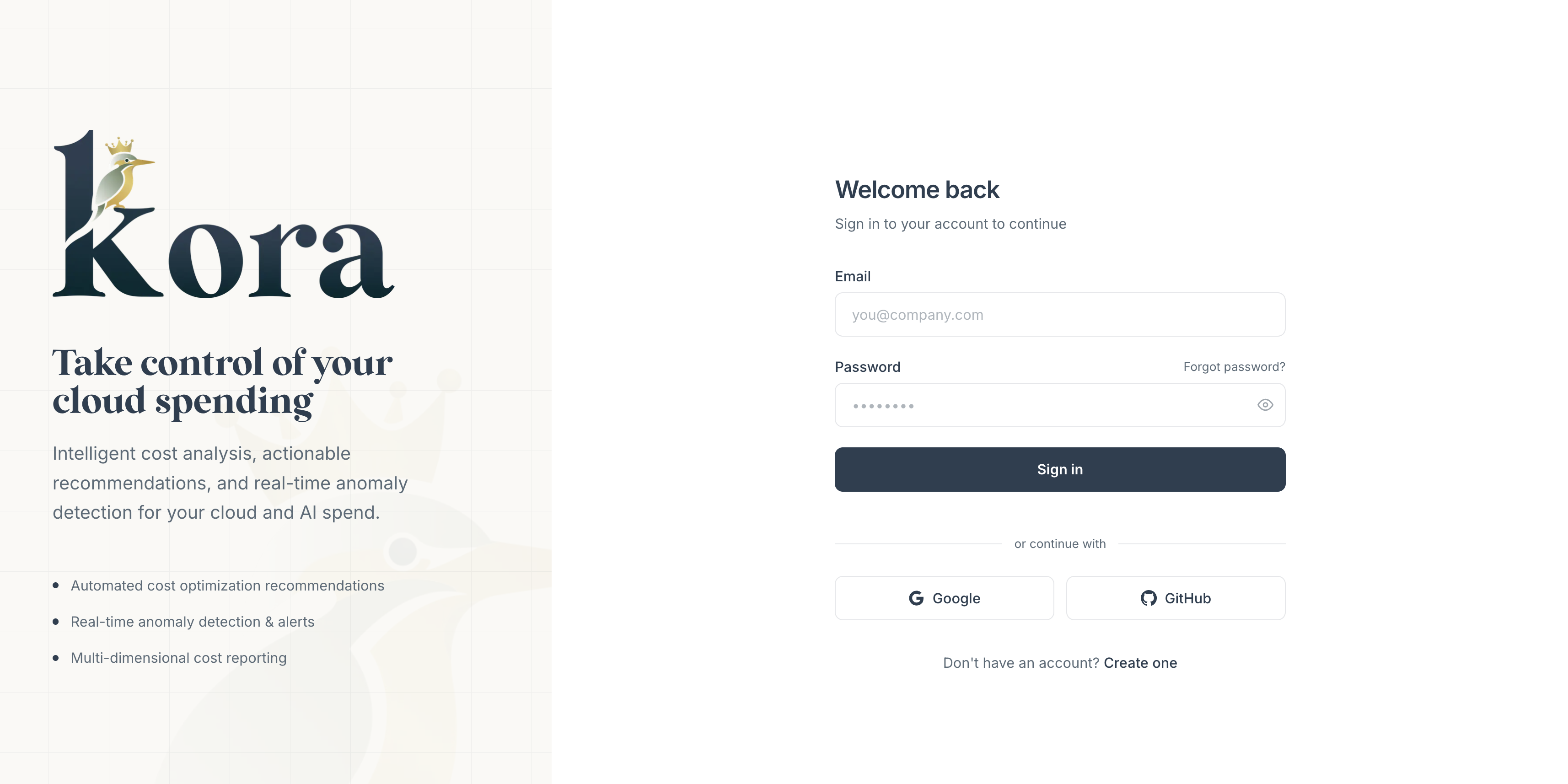 KORA sign-in page with the KORA kingfisher logo and the line Take control of your cloud spending