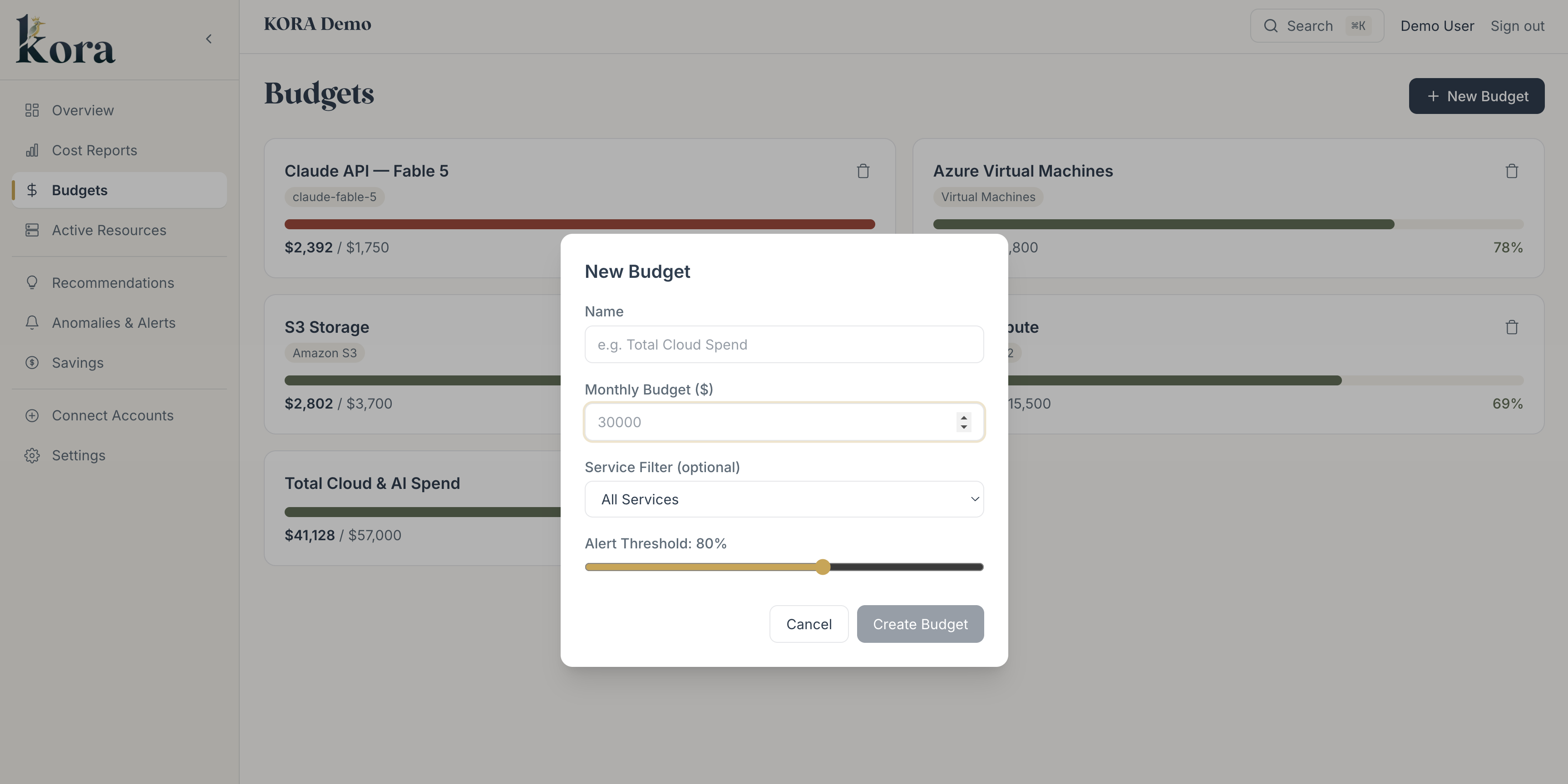 Creating a new budget in KORA with a monthly limit, service filter, and alert threshold