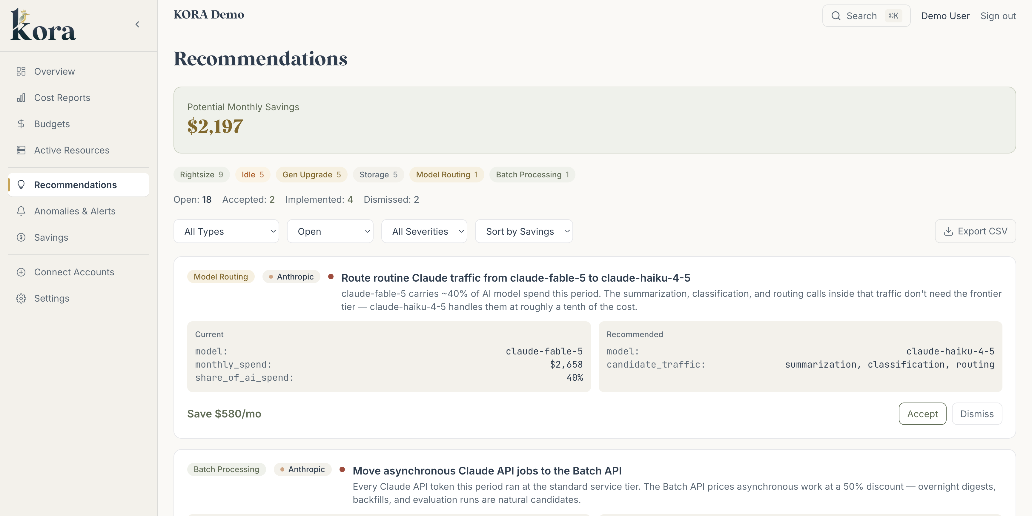 KORA recommendations: potential monthly savings with model routing and batch processing suggestions