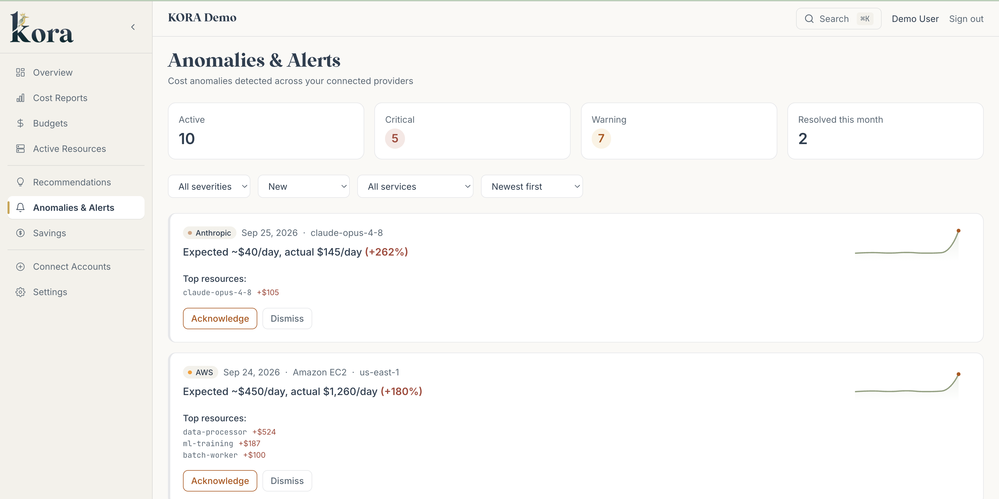 KORA anomalies and alerts across Anthropic and AWS spend