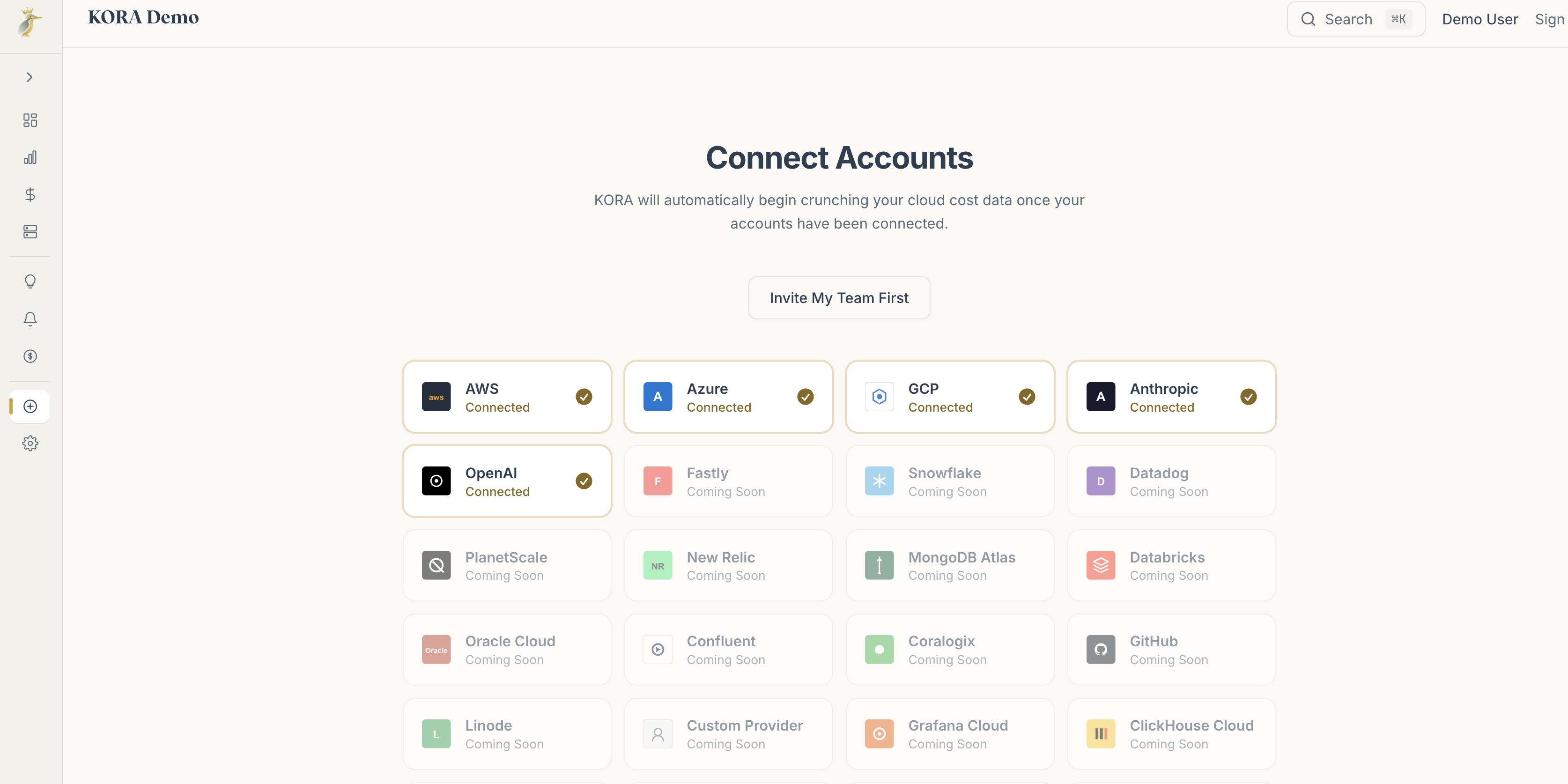 KORA connect accounts: AWS, Azure, GCP, Anthropic, and OpenAI connected