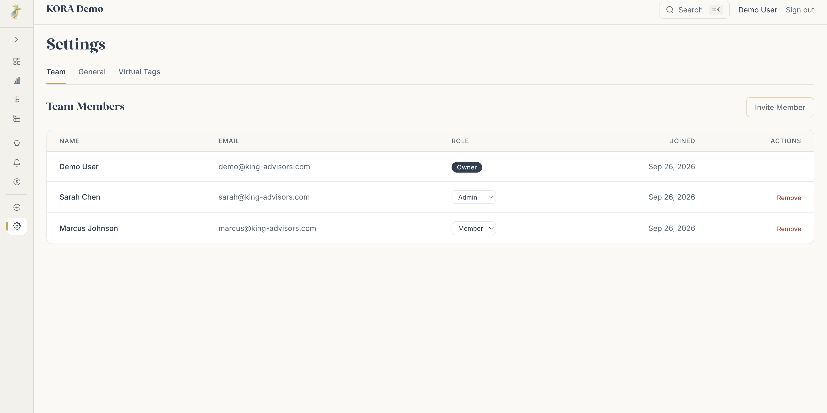 KORA settings: team members and roles